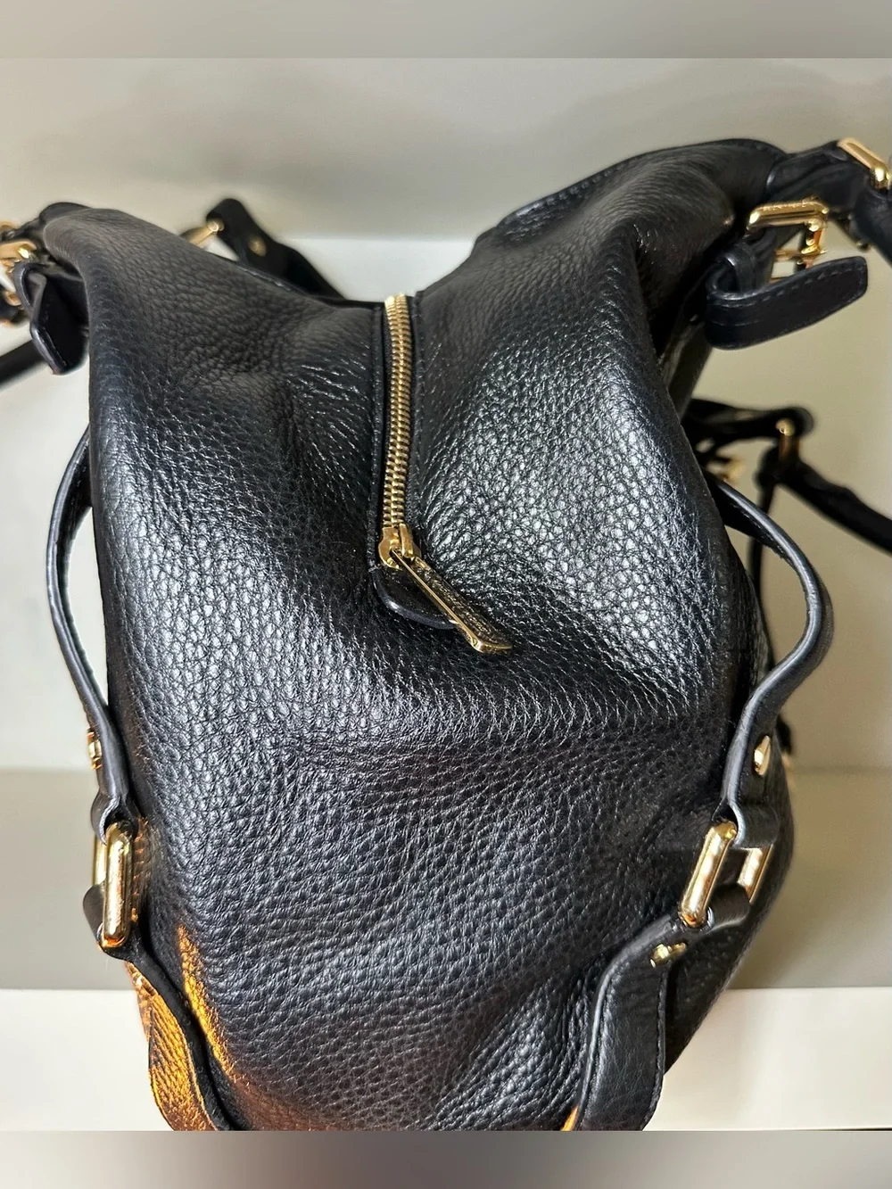 Michael Kors Black Pebbled Leather Shoulder Bag with Gold Accents